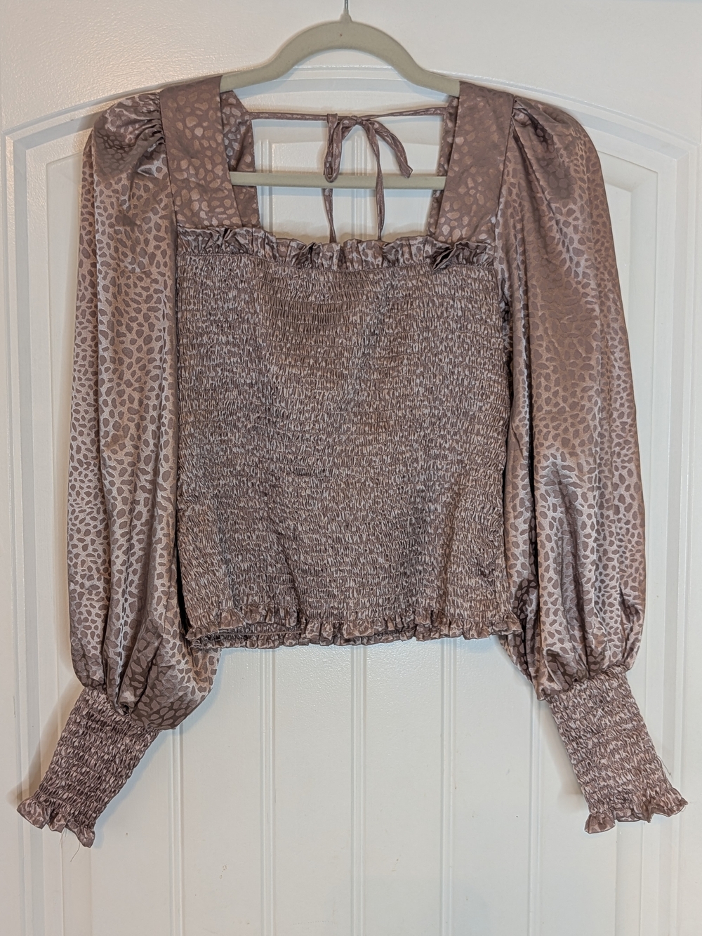 She + Sky Mauve Satin Animal Print Smocked Long Puff Sleeve Crop Top